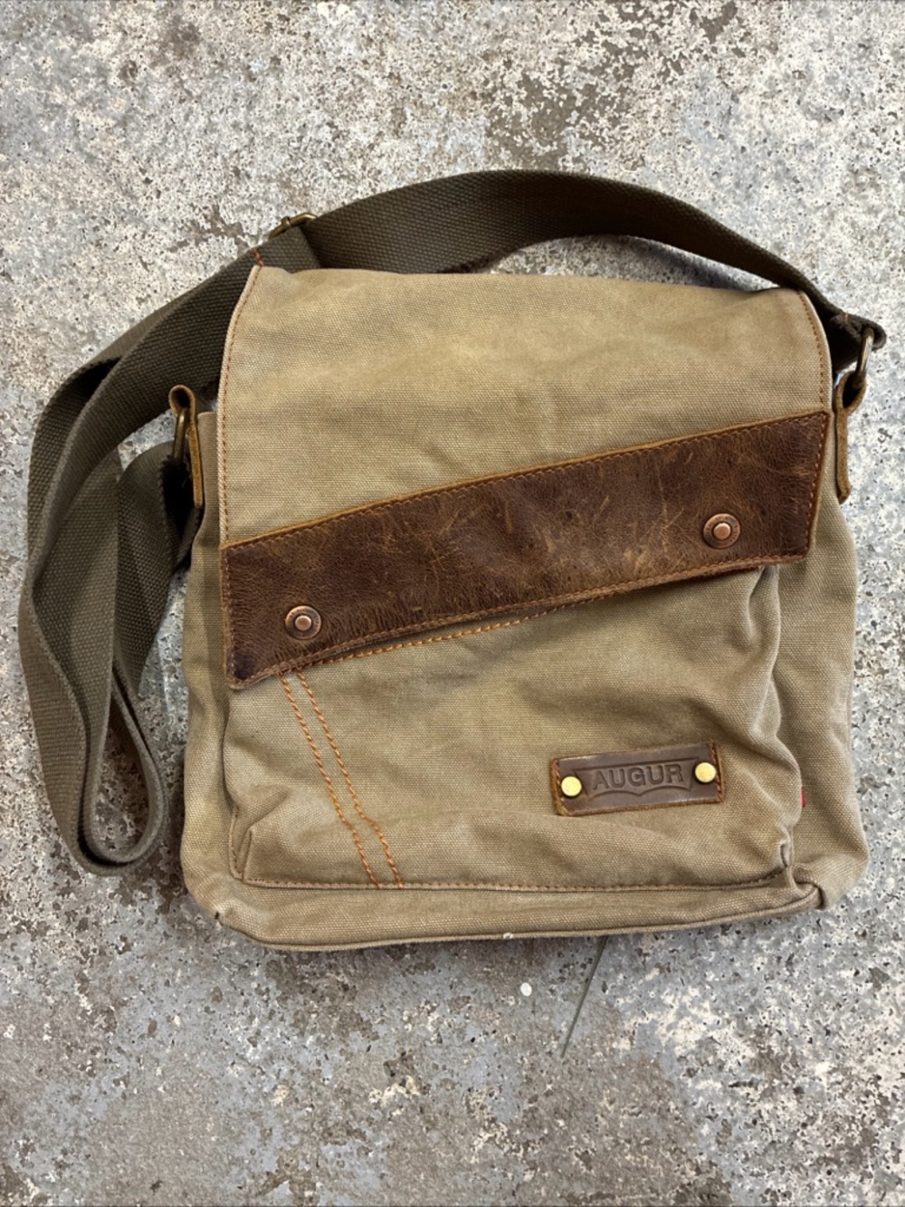 Augur khaki Canvas Crossbody Bag with Brown Leather Trim